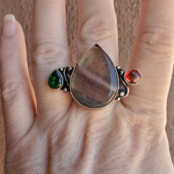 New Fluorite, Garnet and Green Quartz 925 Silver Ring. - Picture 14 of 15